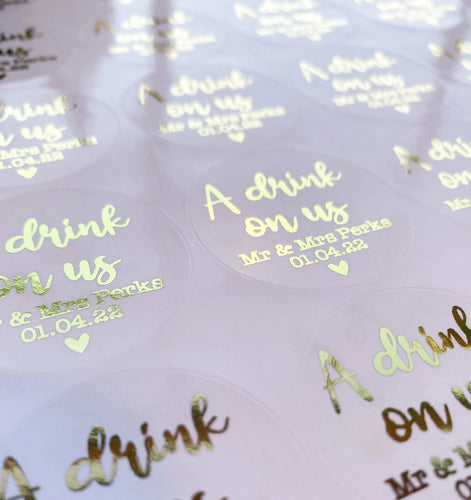 A Drink on us Wedding Stickers